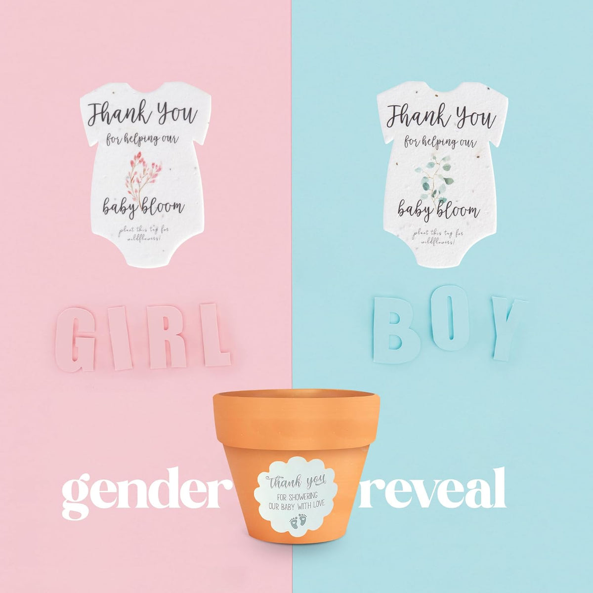 Set of 6 Seed Paper – 6 Green Onesie & 6 Orange Pots with Stickers for Baby Shower, Gender Reveal