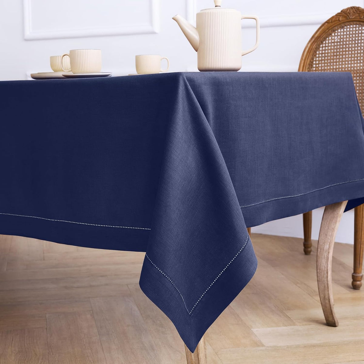 Solino Home Linen Tablecloth 60 x 108 Inch - Classic Hemstitch 100% Pure Linen Navy Blue Table