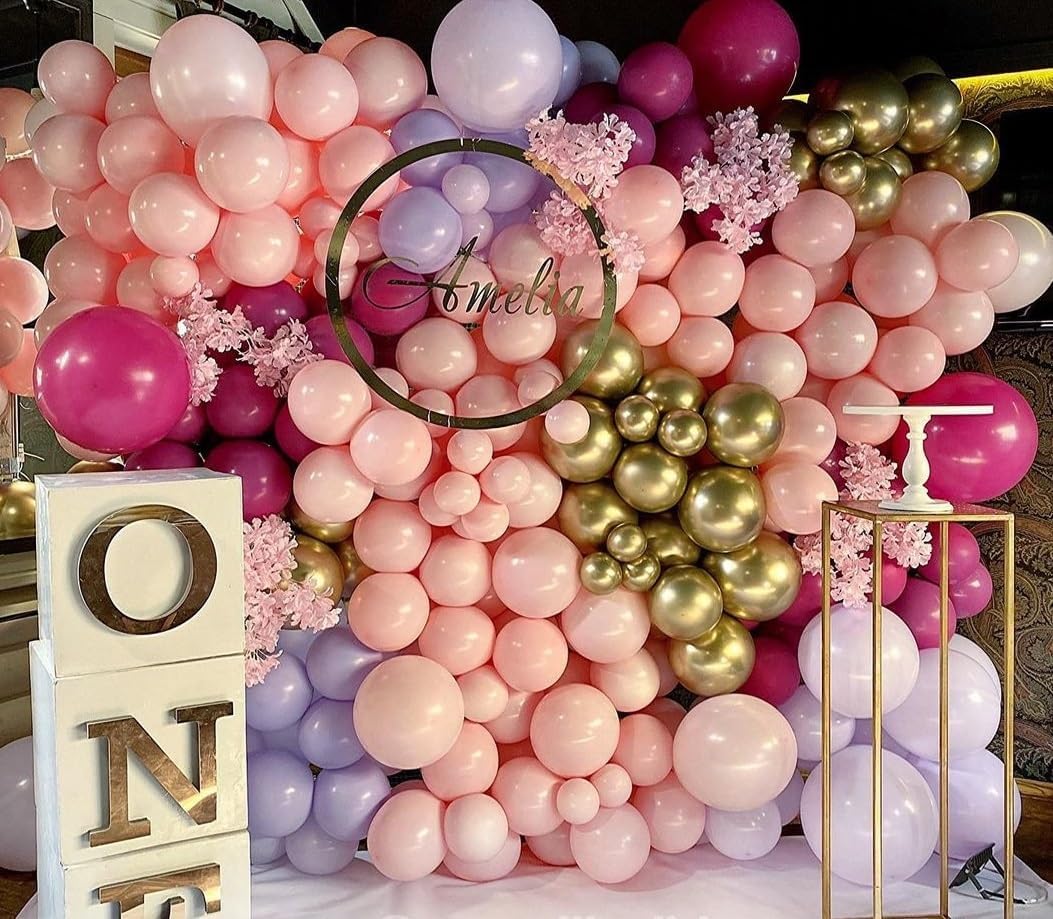 Pink and Purple Balloon Set, 60Pcs Hot Pink Lilac Lavender Balloon with Metallic Rose Gold