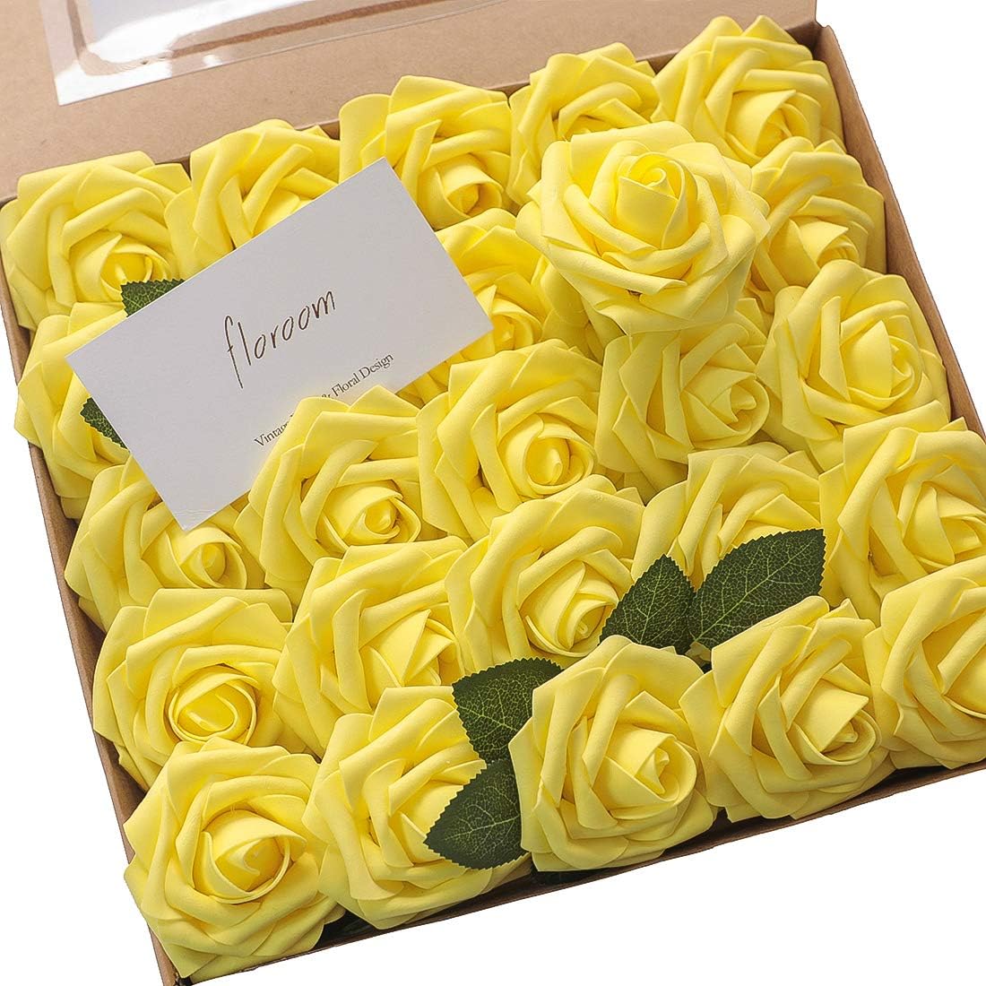 Floroom Artificial Flowers 25pcs Real Looking Canary Yellow Foam Fake Roses with Stems for DIY