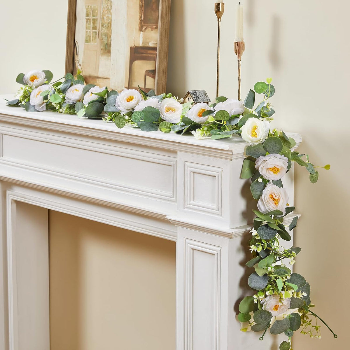 2 Pack 12Ft Artificial Eucalyptus Flower Garland with White Roses, Fake Flowers Greenery Garland