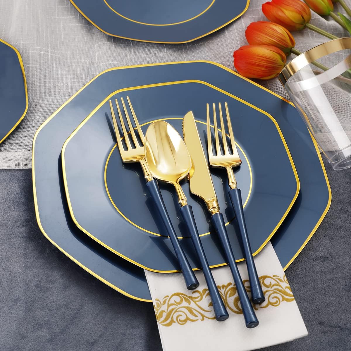KIRE 140Pcs Blue Plastic Plates with Gold Rim - Gold Disposable Plastic Silverware with Blue
