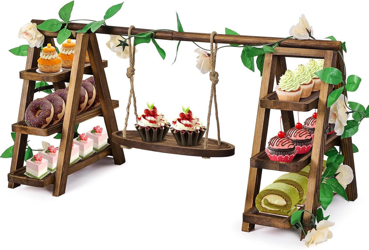 Wooden Cupcake Stand,3 Tier Cake Stands Party Food Display Serving Platter Tray Ladder Stand with