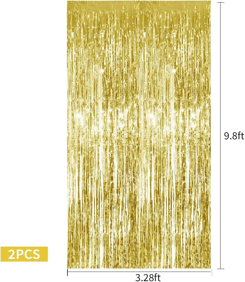 TONIFUL 2Pcs Gold Metallic Tinsel Foil Fringe Curtains,Gold Photo Booth Backdrop Streamer Curtain