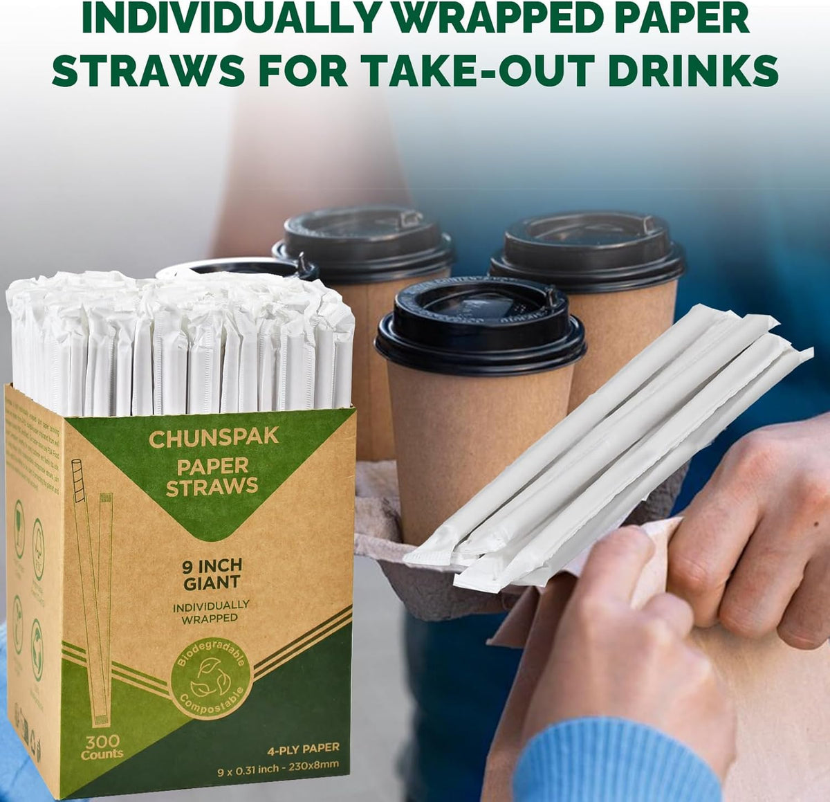 9'' x 0.31'' Giant Paper Drinking Straws Individually Wrapped 300 Counts, Dye-free Brown Kraft - 4