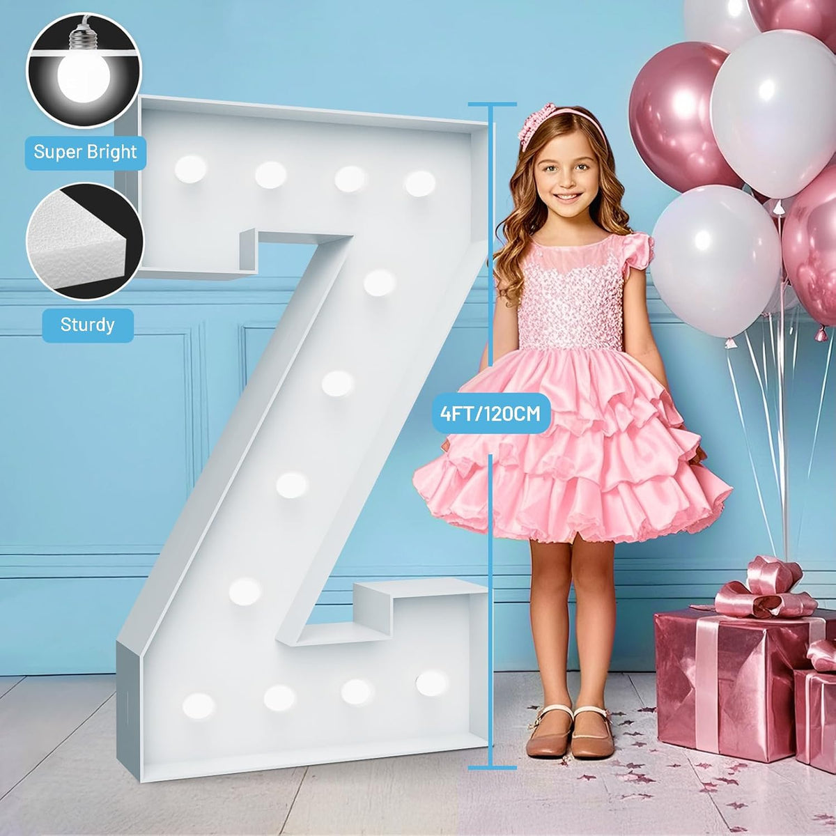 4FT Marquee Light Up Letters - Cool White Light Up Letters Z with Fixed Water Bag, Party Decoration
