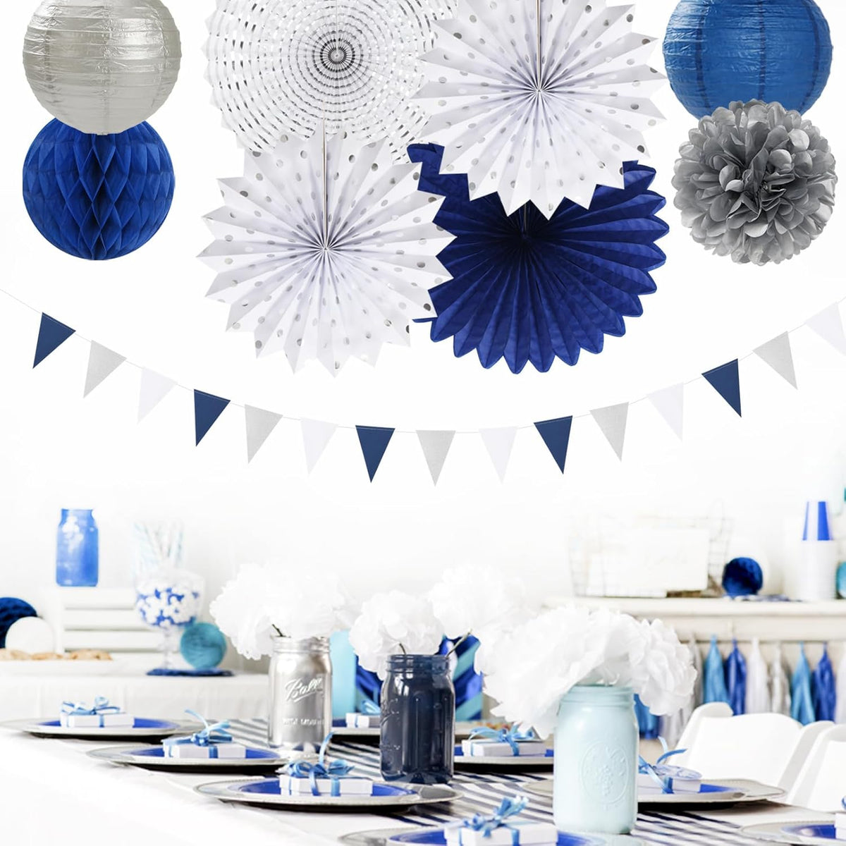 Navy-Blue White Silver Party-Decorations - 20pcs Graduation Paper Lanterns Fans,Tissue Pom