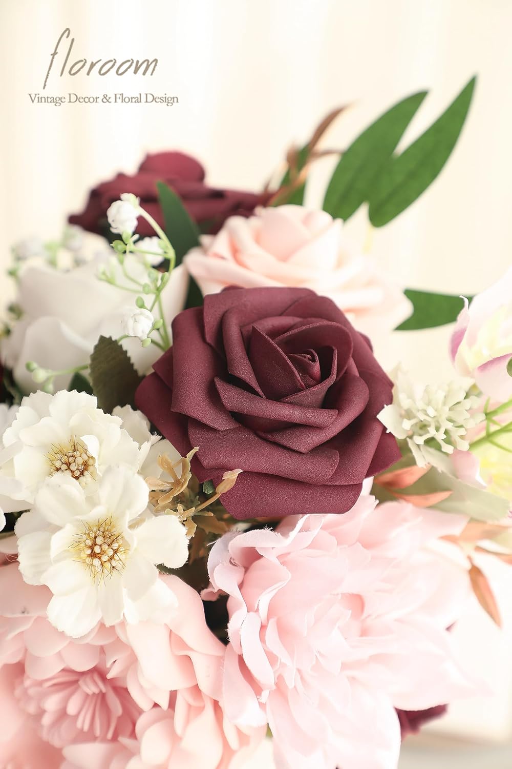 Floroom Blush Burgundy Artificial Flowers Dark Red Fake Roses Peonies Dahlia and Greenery Combo Box