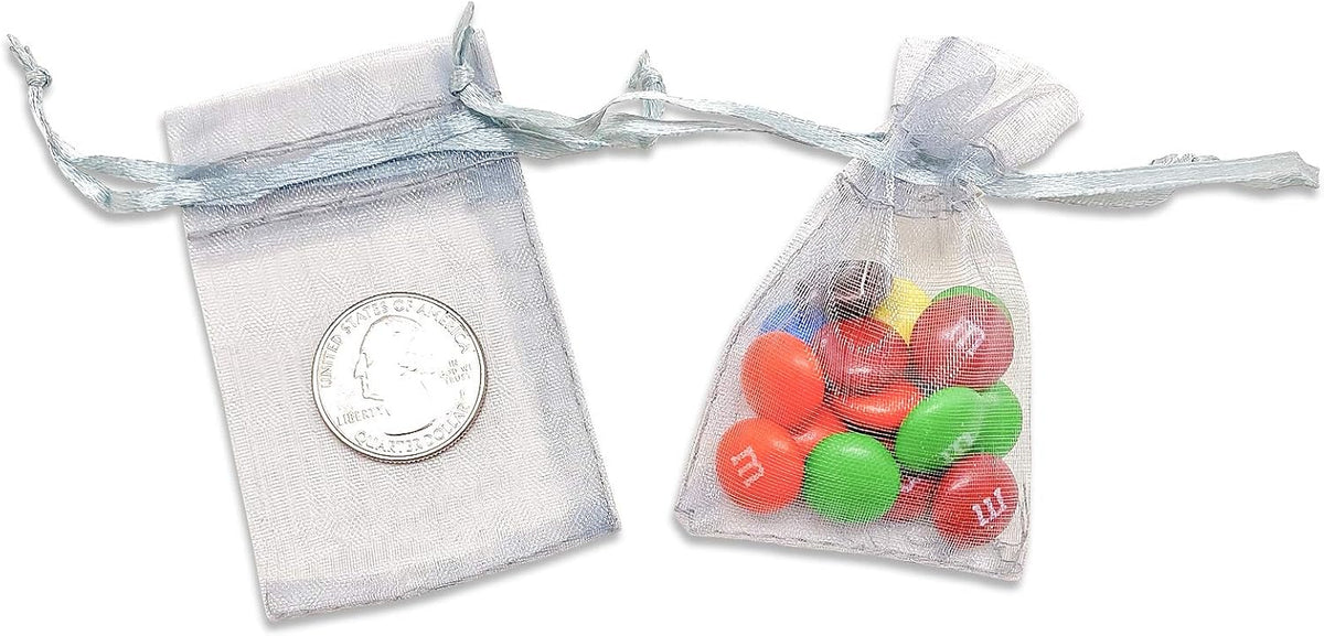 TheDisplayGuys 100-Pack XS 2 x 2 3/4" Silver Sheer Organza Gift Bags with Drawstring, Jewelry Candy