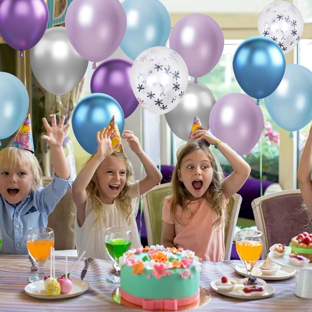 Frozen Balloons, 12 Inch Purple Blue White and Silver Balloons with Snowflake Balloons for Girls
