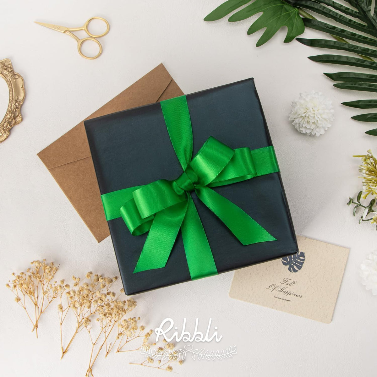 Ribbli Emerald Green Double Faced Satin Ribbon,1” x Continuous 25 Yards,Use for Bows Bouquet,Gift