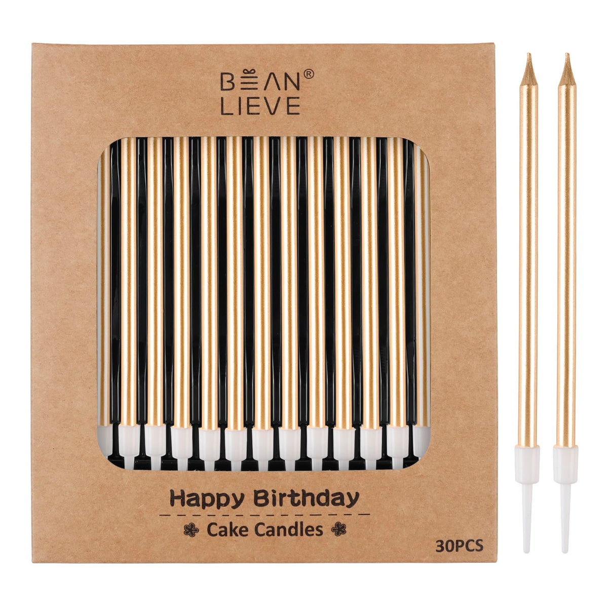 BEAN LIEVE 30-Count Champagne Gold Long Thin Metallic Birthday Candles, Cake Candles, Birthday