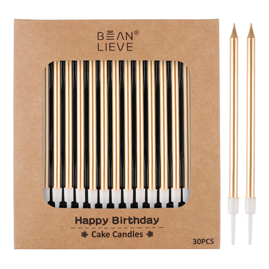 BEAN LIEVE 30-Count Champagne Gold Long Thin Metallic Birthday Candles, Cake Candles, Birthday