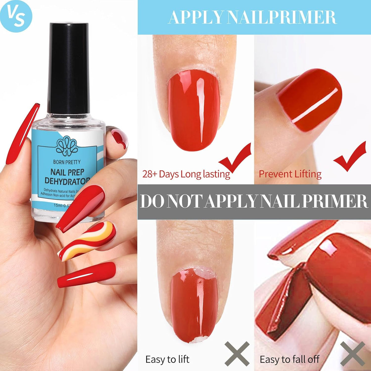 BORN PRETTY Natural Nail Prep Dehydrate and Bond Primer Acid-Free,15ml Dehydrator for Acrylic and