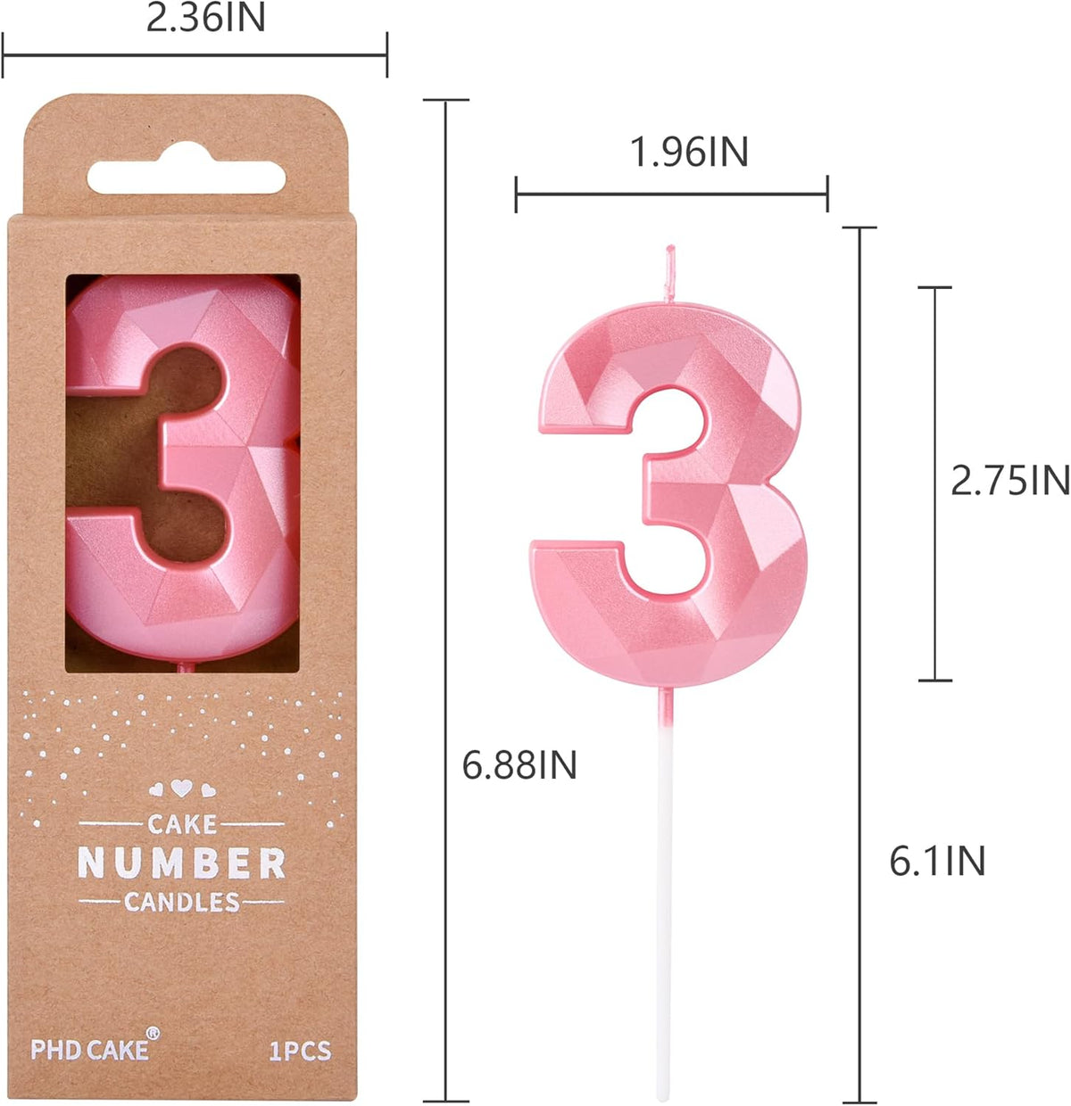 PHD CAKE 2.76 Inch Crystal Pink 3 Number Birthday Candles, Pink Number Candles, Cake Number