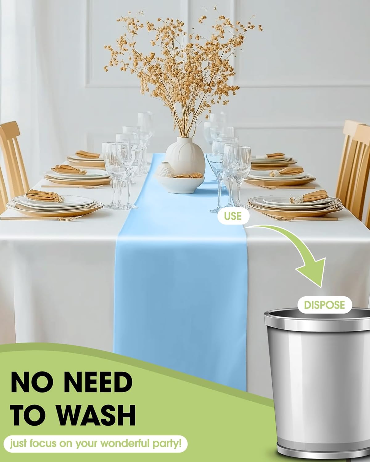 Pureegg Light Blue Plastic Table Runners - 10 Pack, 14'' x 108'', Water Resistant & Disposable