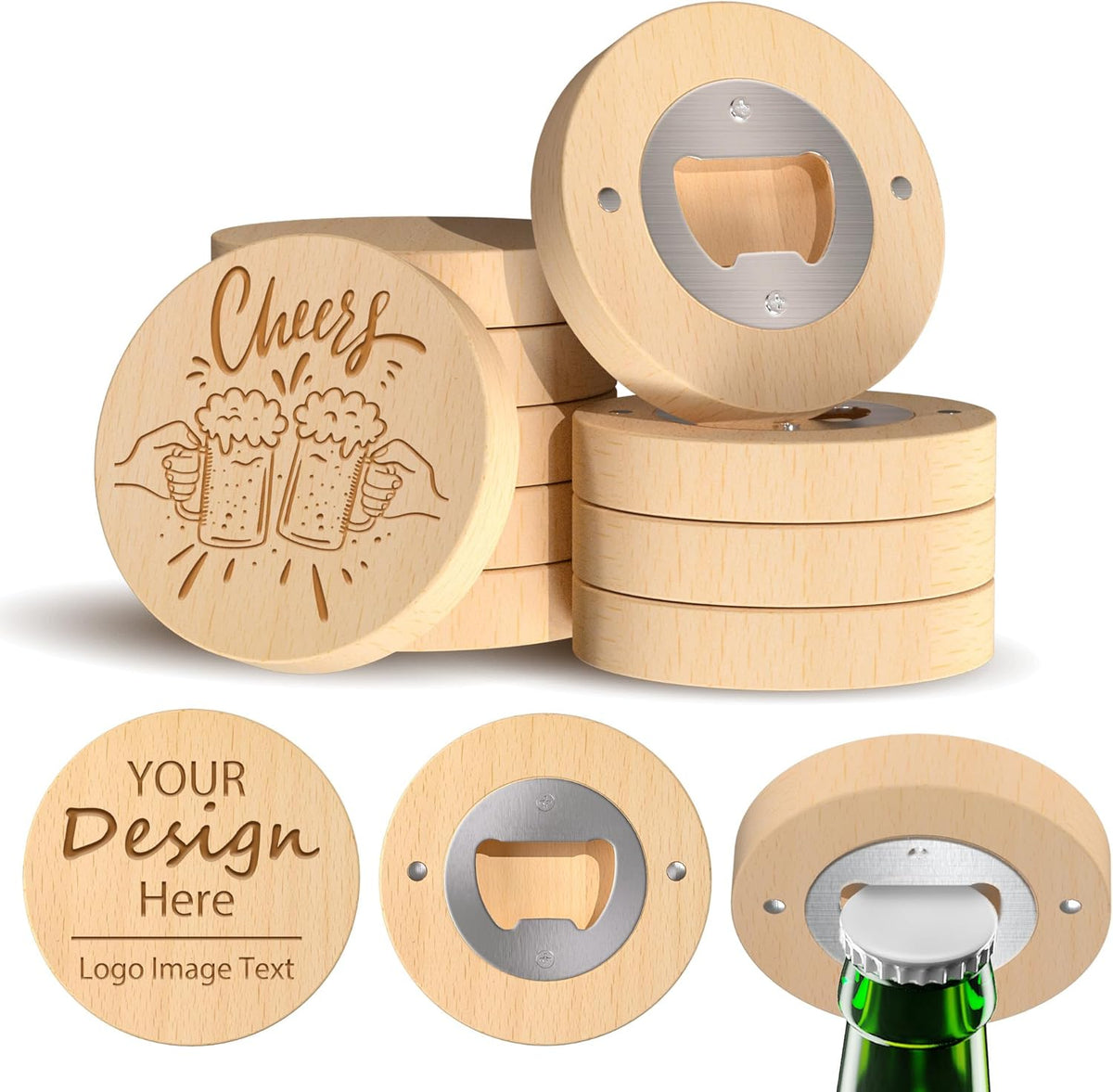 8 Custom Magnetic Bottle Opener Refrigerator, Personalized Engraved Wood Beer Openers, Wooden Round