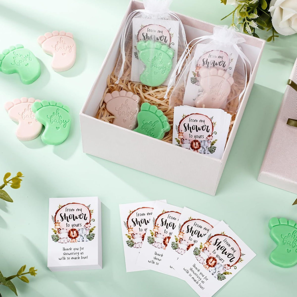 50 Sets Baby Shower Soap Favors for Guests - Mini Handmade Footprint Scented Soap with Thank You