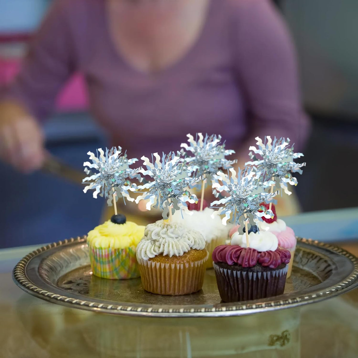 Gyufise 30Pcs Foil Firework Cupcake Toppers Sparkle Tinsel Cake Toppers Tinsel Drink Cake