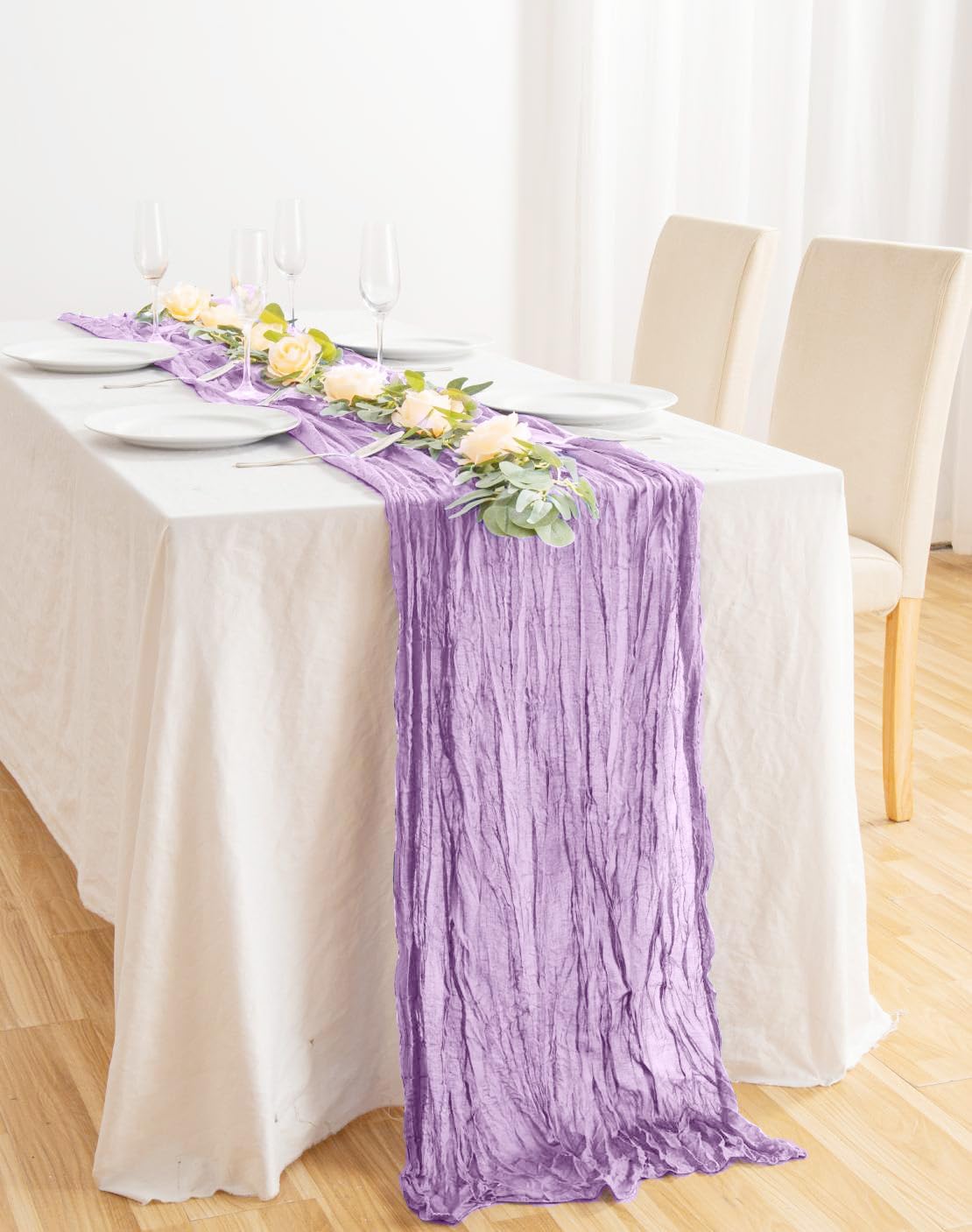 8 Pack 10Ft Table Runner 35x120 inch Purple Boho Gauze Table Cheese Cloth Long Wrinkled Sheer Table