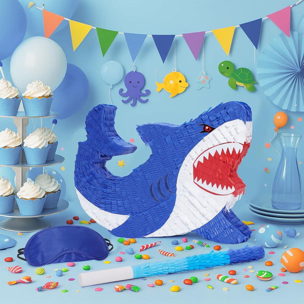 WERNNSAI Shark Piñata - Ocean Shark Birthday Party Decorations Kids Boys Pinata with Blindfold and