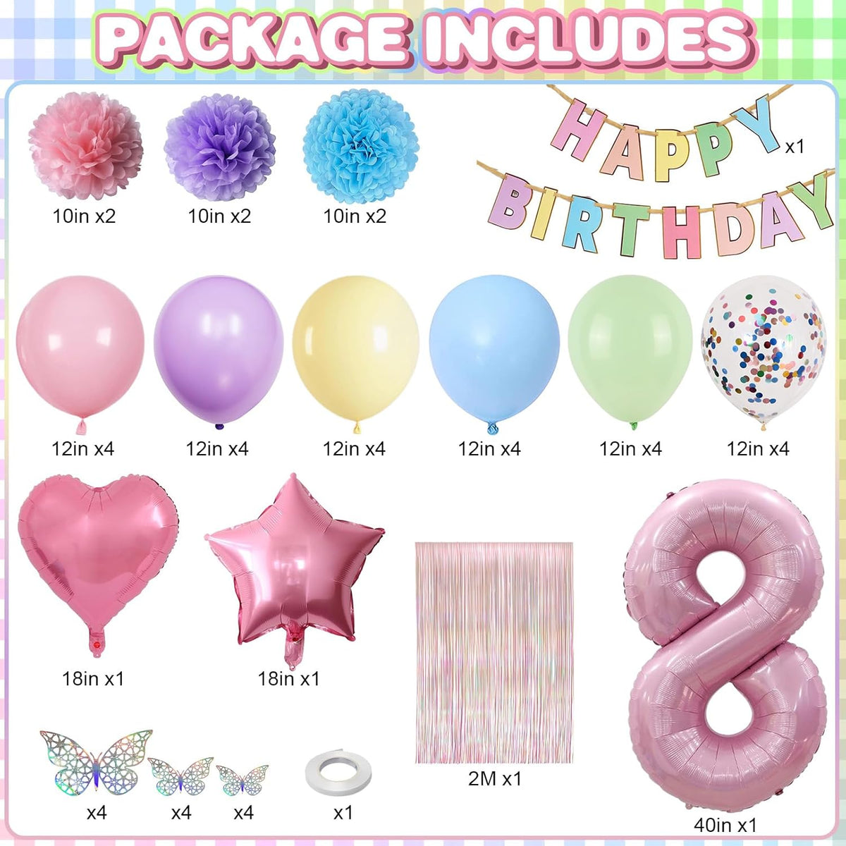 Pastel 8th Birthday Party Decorations for Girls Number 8 Balloon Happy Birthday Banner Butterfly