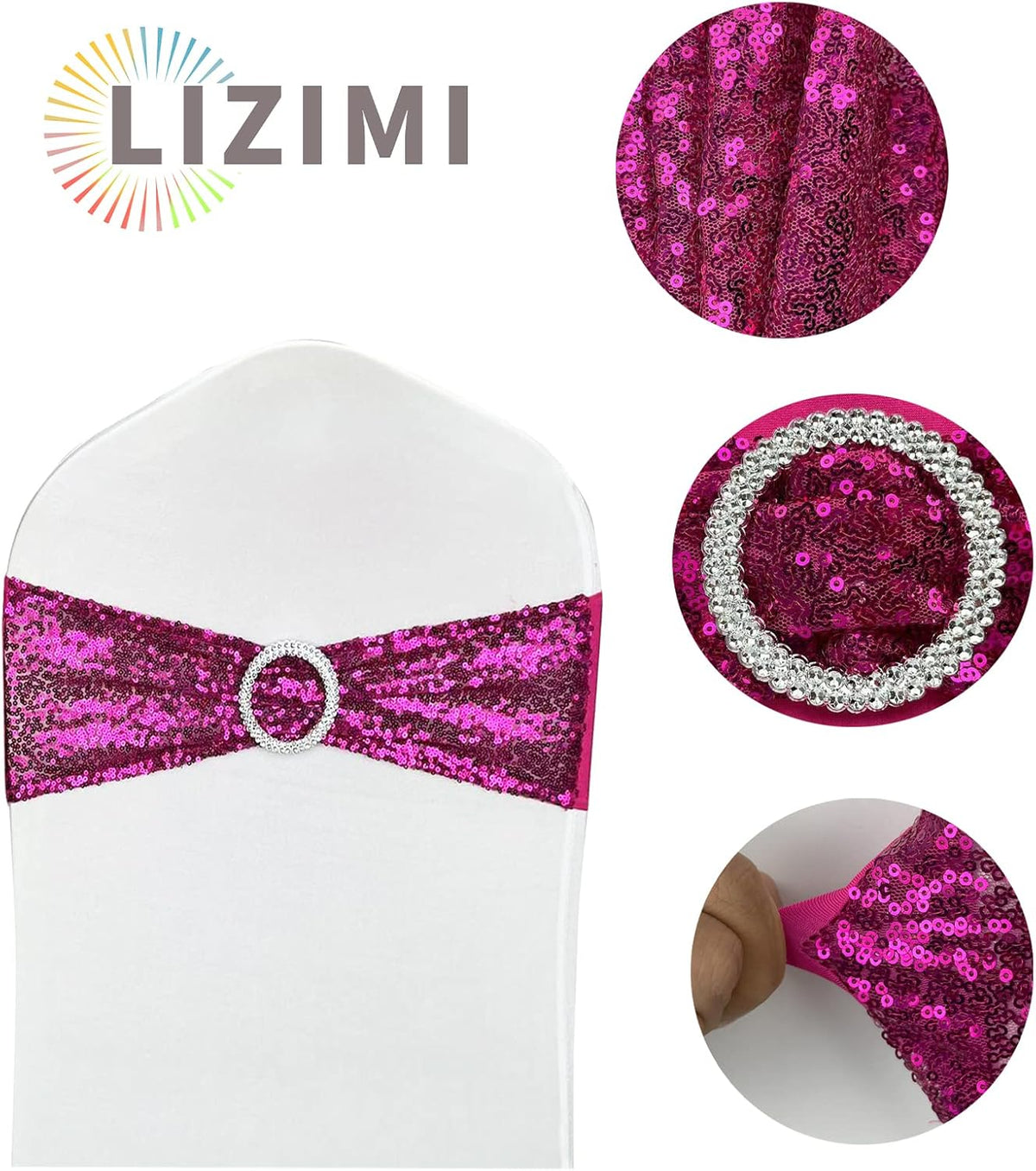 25 Pcs Sequin Chair Sashes Stretch Chair Bands Spandex Polyester Bows for Party Hotel Wedding