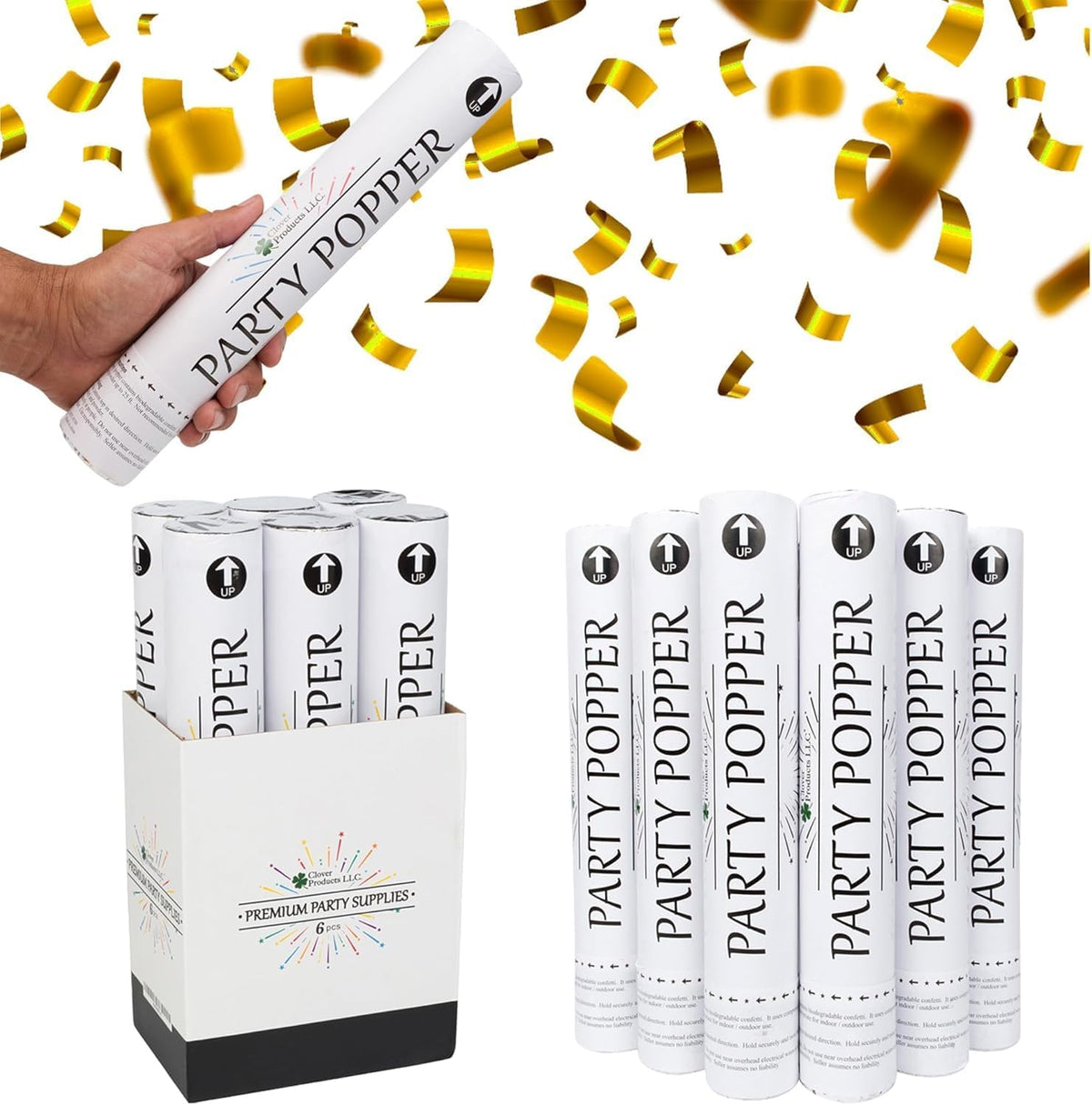 Confetti Cannons 12" – 6 Pack Gold Mylar Confetti Poppers | Party Poppers for Weddings, Birthdays