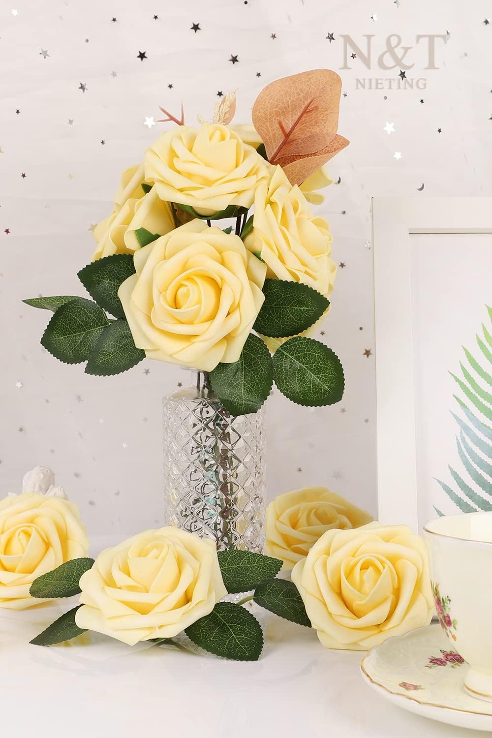 N&T NIETING Artificial Flowers, 25Pcs Fake Flowers Goose Yellow Roses Perfect for DIY Wedding