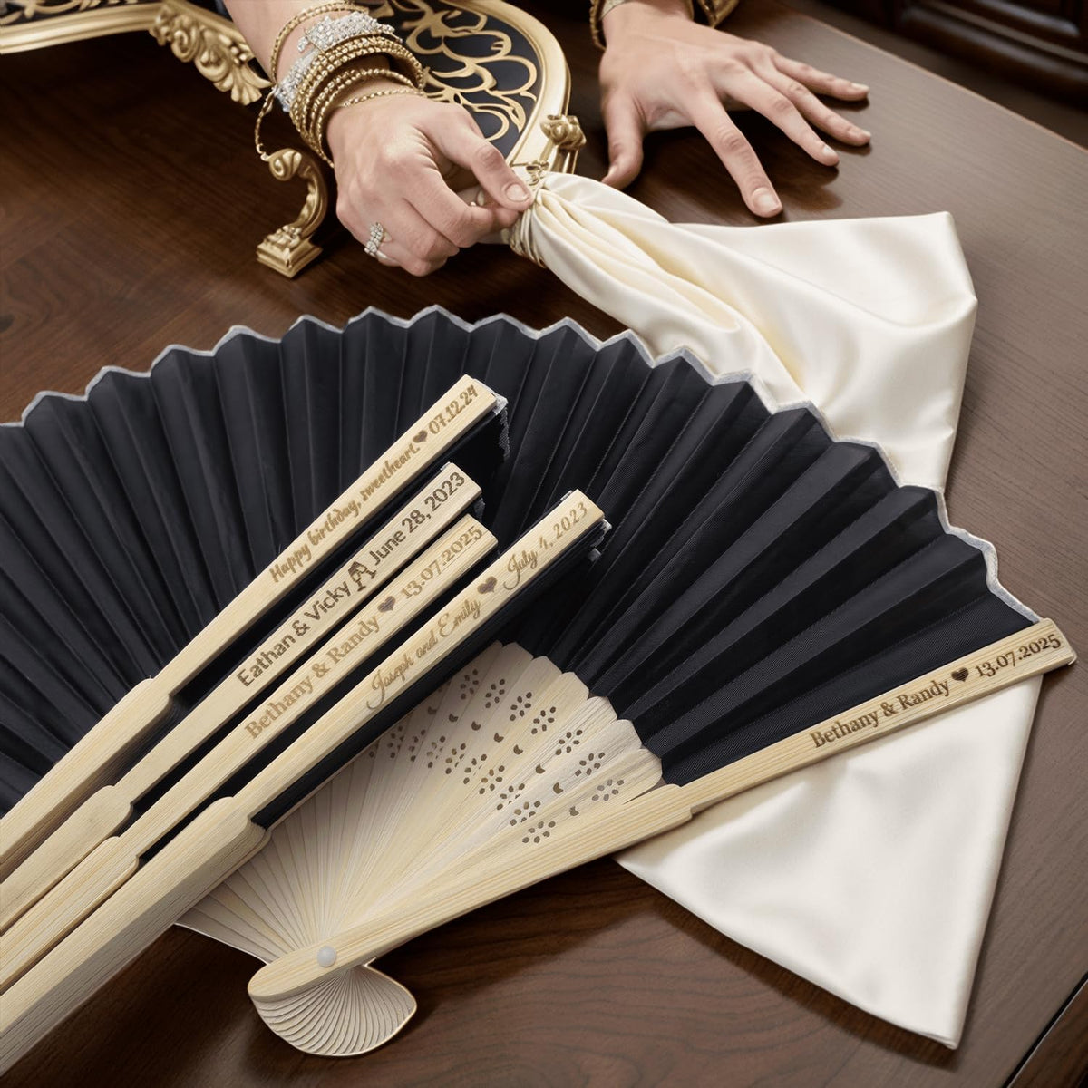 90Pcs Personalized Silk Fans Folding Hand Fan, Custom Wedding Bridal Party Favors, Summer Wedding