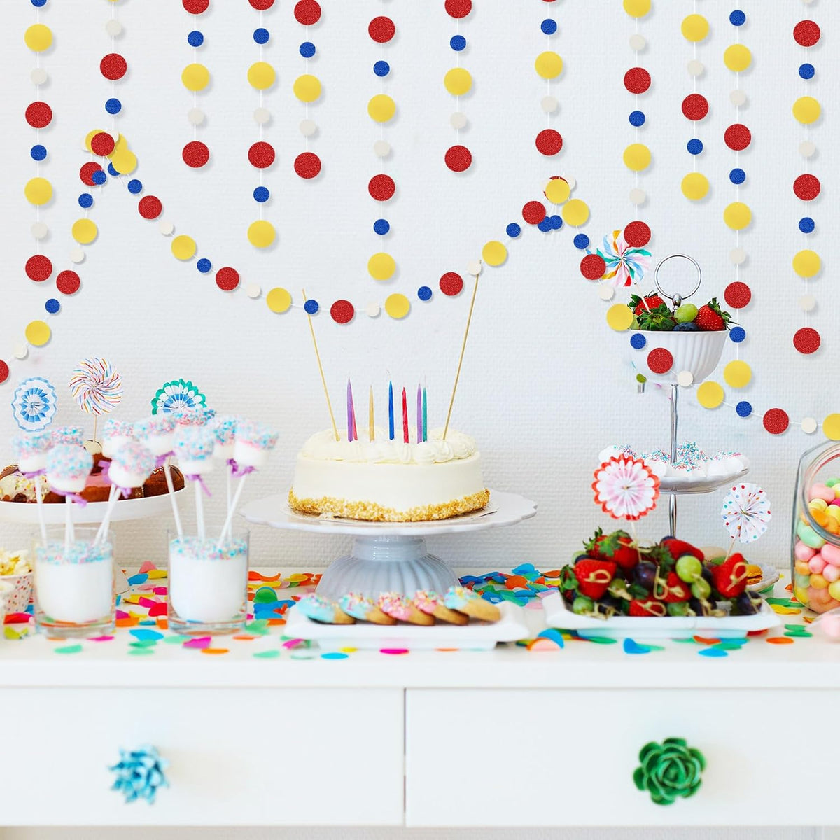 Outus 5 Pieces Colorful Dots Paper Garland Round Glitter Garland Hanging Confetti Streamers