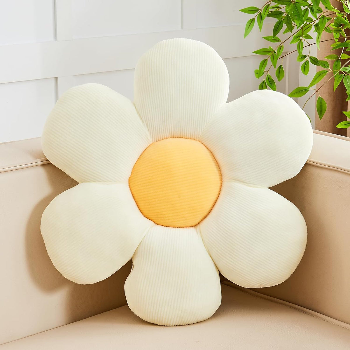 White Yellow Flower Pillow, 19.6" Cute Flower Shaped Floor Pillow, Aesthetic Floral Plush Daisy