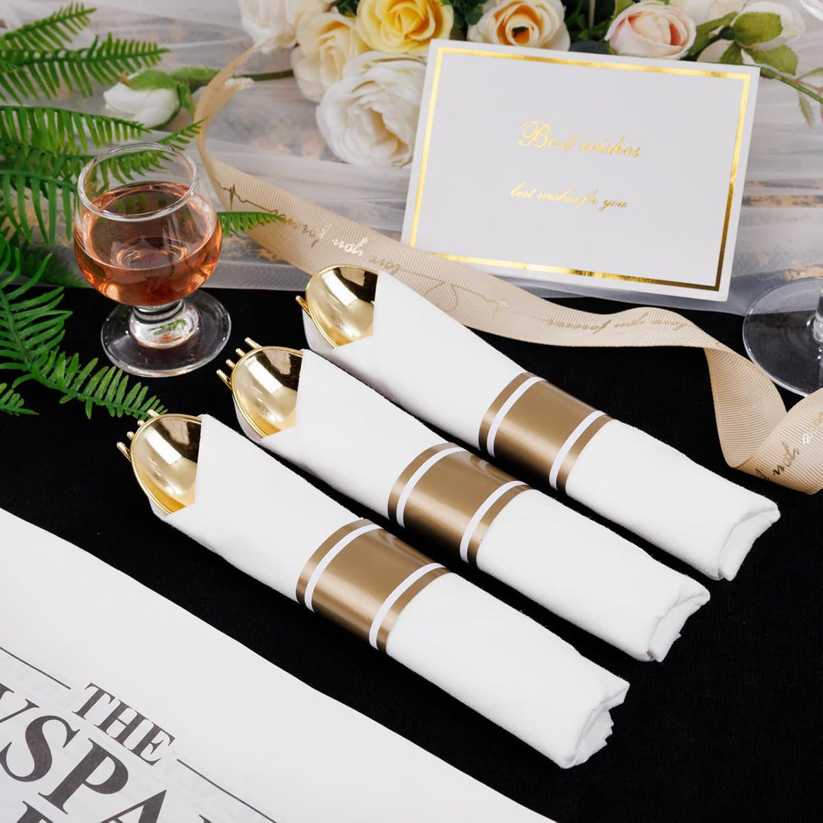 400PCS Pre Rolled Gold Plastic Silverware Sets - Heavy Duty Hammered Gold Cutlery Include 100 Pack