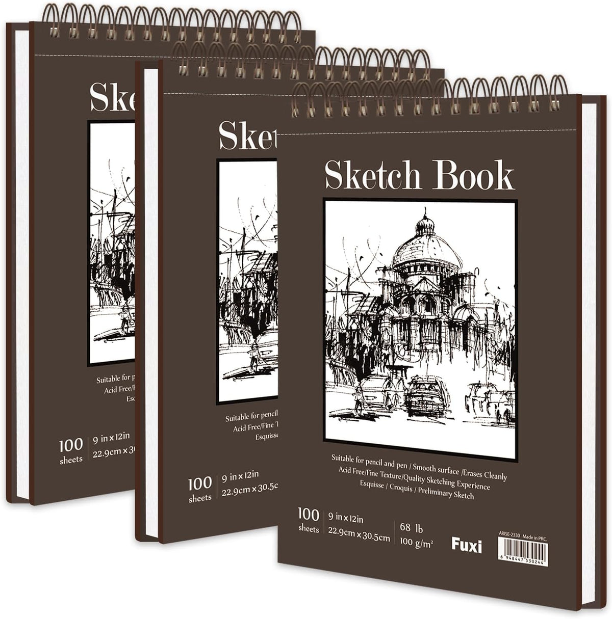 9"X12" Sketch Book Bulk, Top Spiral Bound Sketch Pad, 3 Pack 100 Sheets Each (68lb/100gsm), Acid