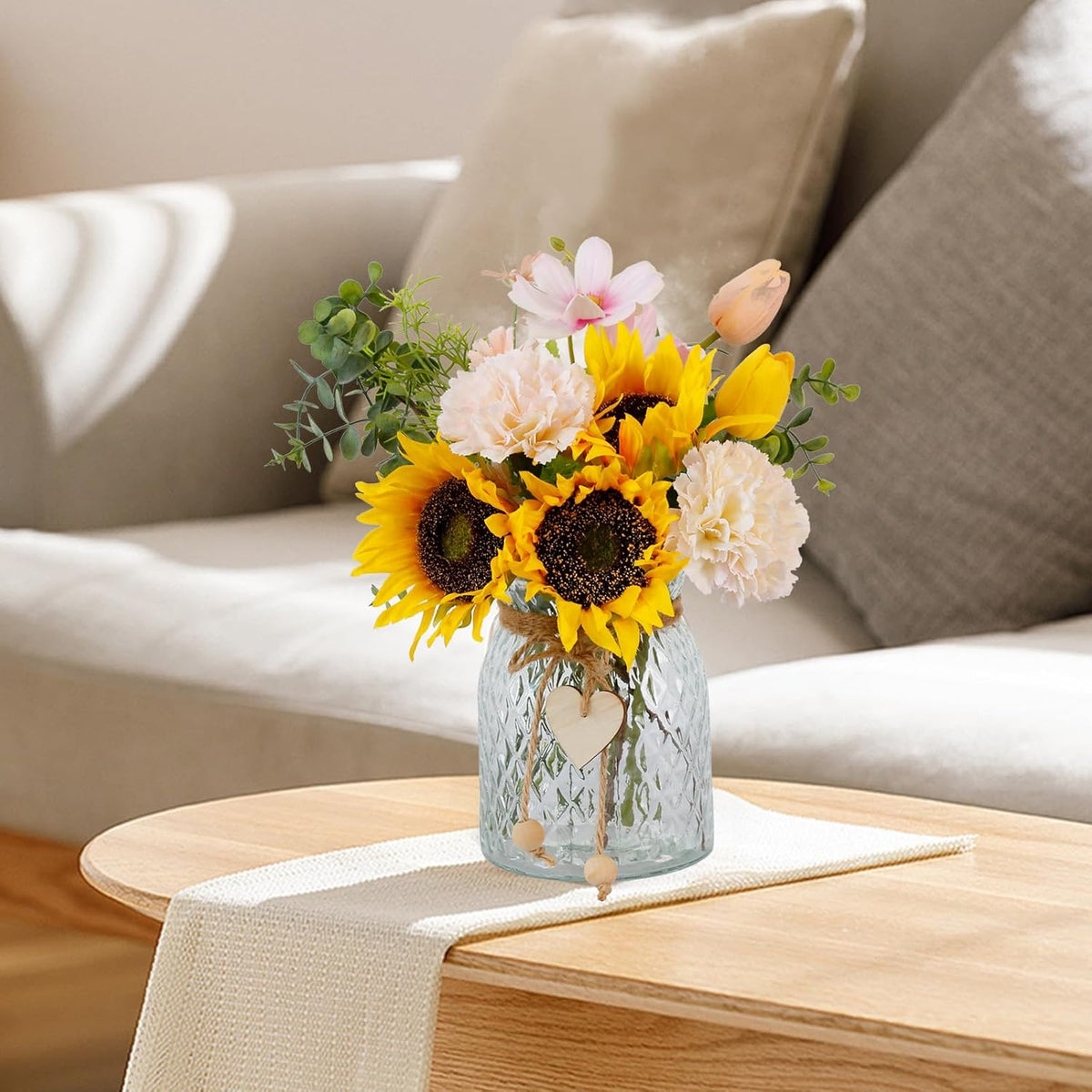 Fake Flowers in Vase,Artificial Sunflower Bouquets in Vase with a Flower Arrangement Holder,Table