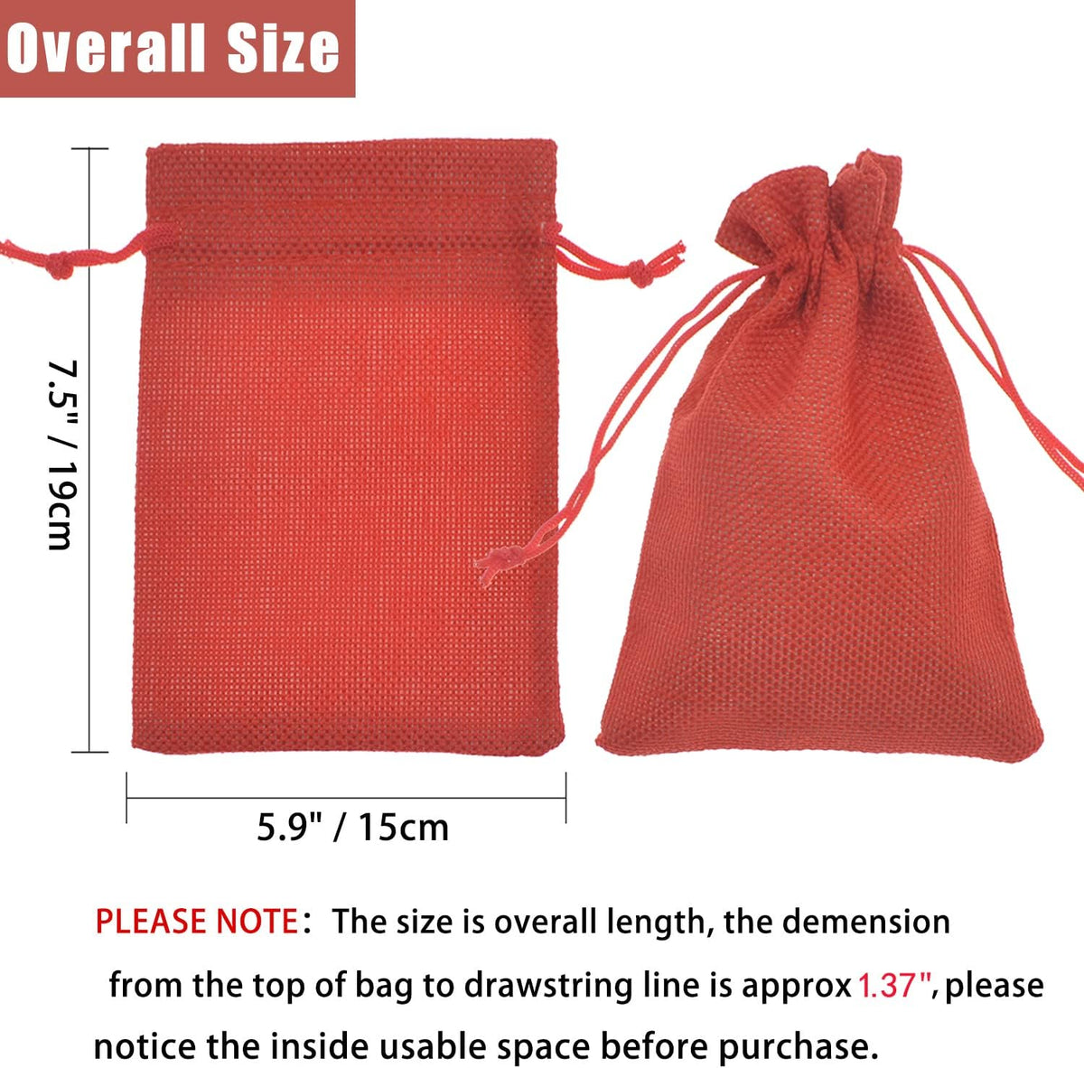 20Pcs Red Burlap Bags with Drawstring, Jute Sacks Jewelry Christmas Candy Pouch Wedding Party Favor