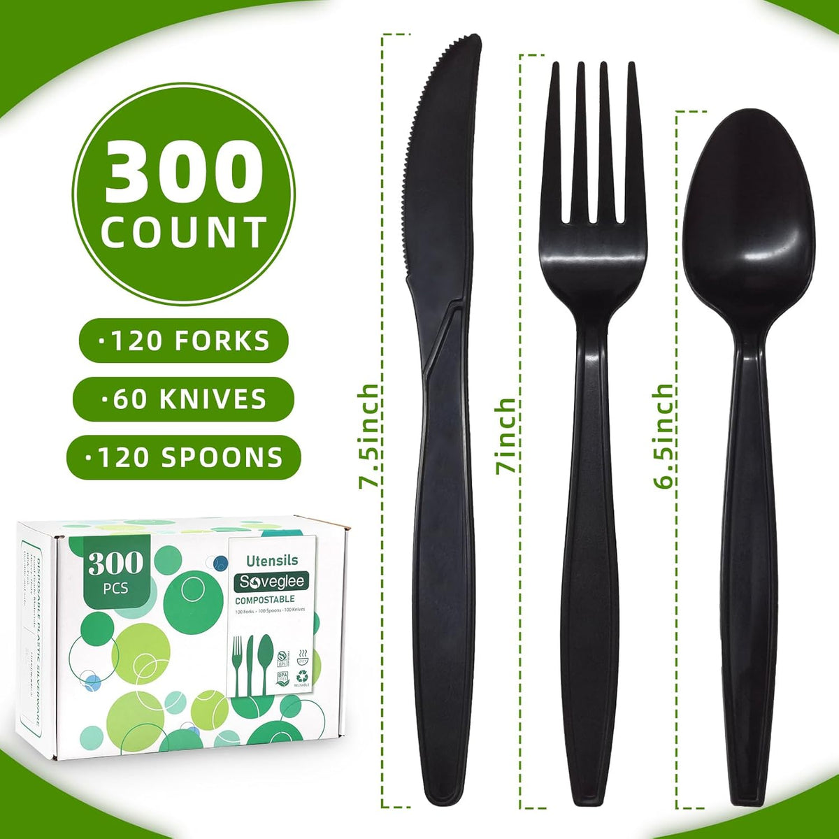 Black Compostable Silverware, 300 Count Compostable Utensils, Plastic 120 Forks 120 Spoons 60