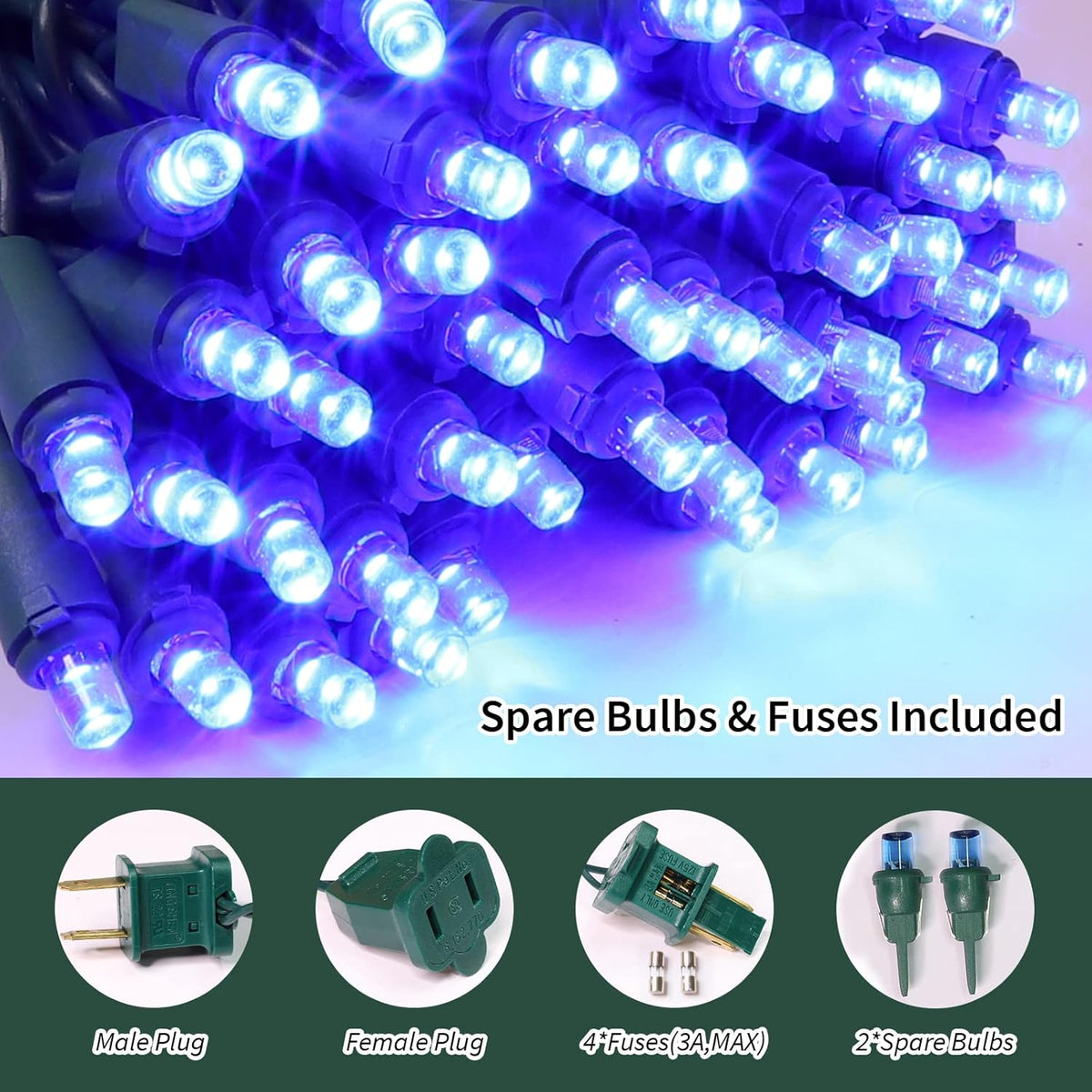 Blue Wide Angle LED Christmas Lights, 64.8 Ft 300 Count, Pack of 3 Strands 21.9 Ft 100 Lights UL