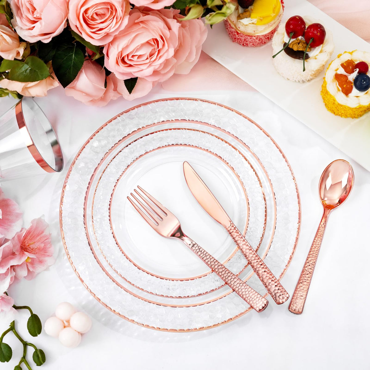 Ciaell 150PCS Rose Gold Plastic Plates – Disposable Plates with Rose Gold Plastic Silverware