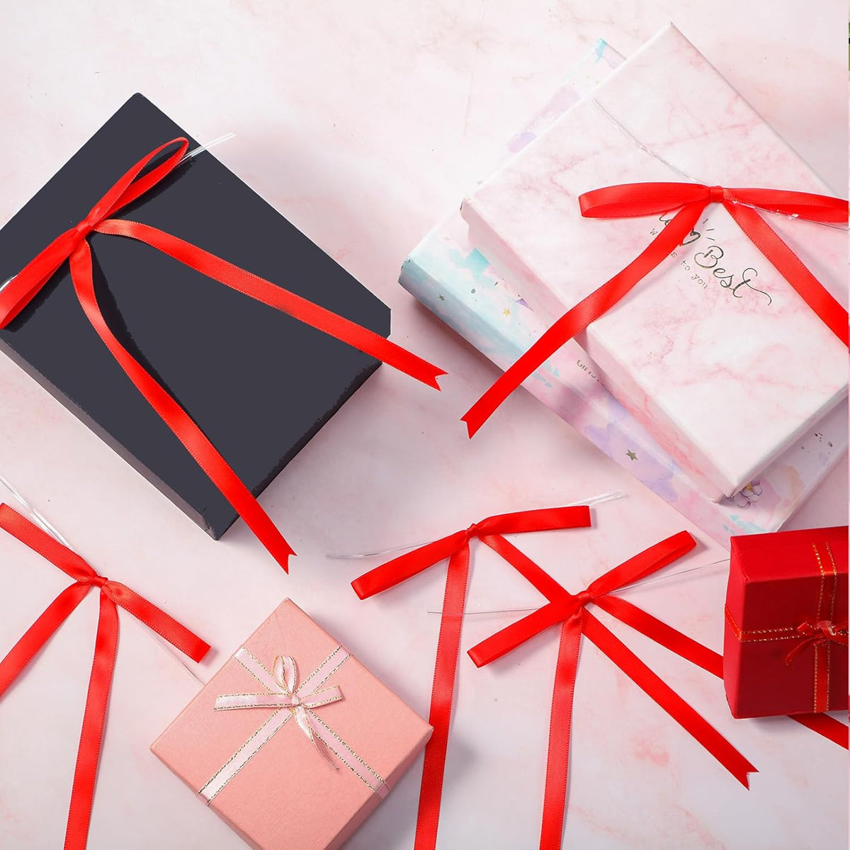 Riceshoot 100 Pcs Twist Tie Bows Bulk 5x7 Inch Satin Ribbon Bows for Gift Wrapping Cake Treat Bags