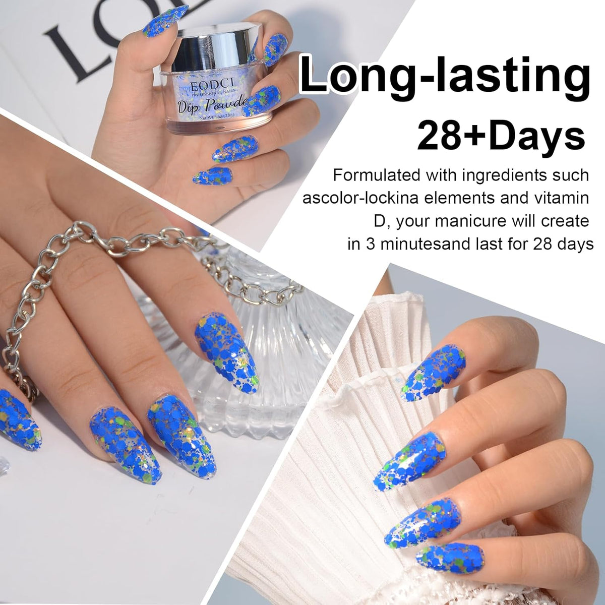 Dopamine Nail Dip Powder - Blue Glitter Hexagon Sequins Paillette Dip Powder Nails - Long-lasting