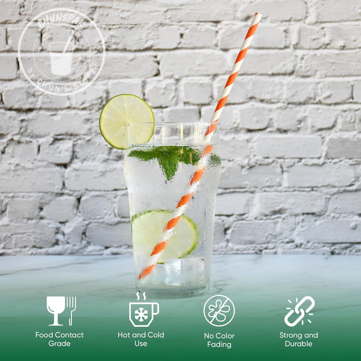 Orange Striped Paper Drinking Straws, 10.25 Inch Long, 100 Counts - for Tall Drinks, Halloween