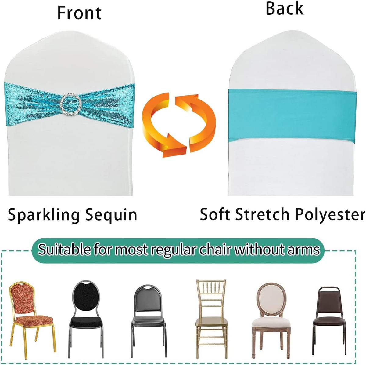 100 Pcs Chair Sashes Sequin Stretch Chair Bands Spandex Polyester Bows for Party Hotel Wedding