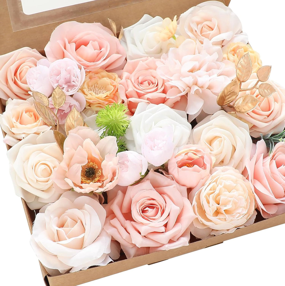 Floroom Blush Peach Pink Artificial Flowers Cream Fake Roses Peonies and Greenery Combo Box Set for