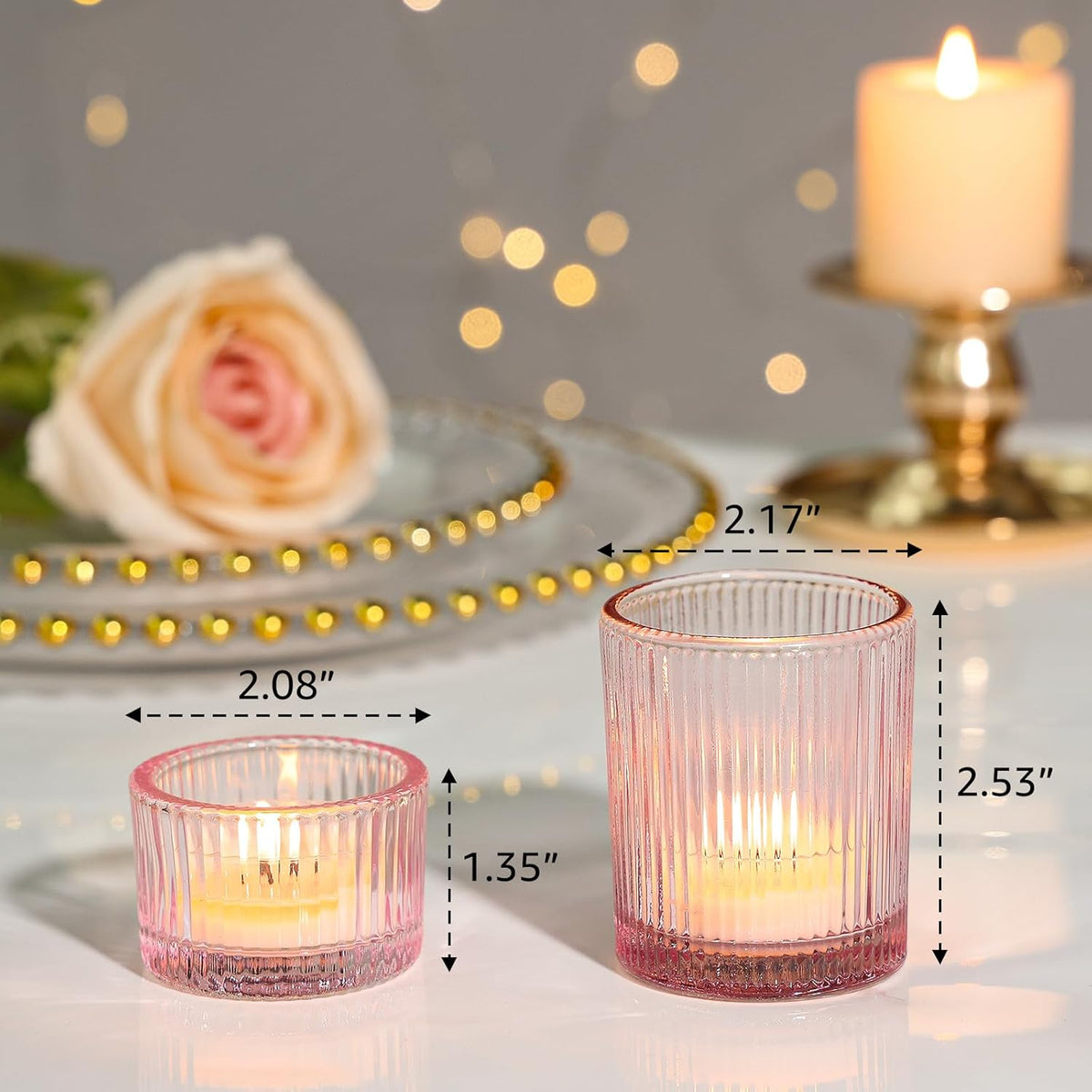 24 Pcs Glass Votive Candle Holders – Assorted Ribbed Pink Tea Light Holders Bulk for Weddings, Baby