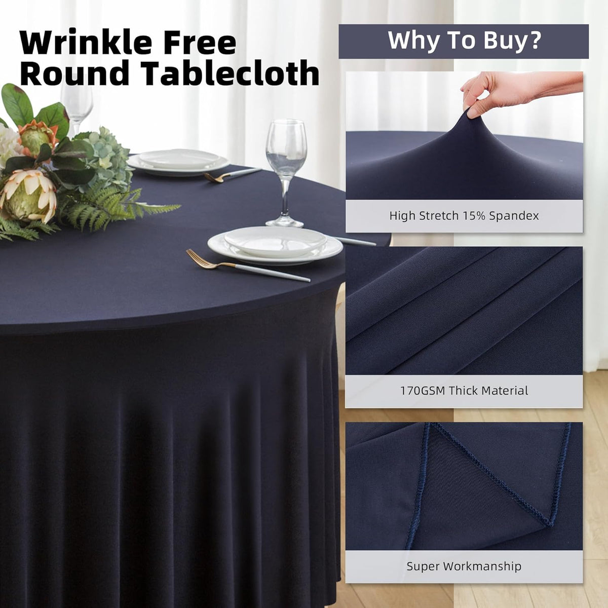6 Pack Navy Blue Round Spandex Tablecloth 60 Inch, Wrinkle Free Stretch 120 Inch Fitted 5ft Navy