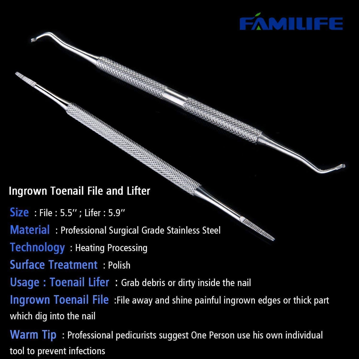 FAMILIFE Ingrown Toenail File and Lifter, 2pcs Ingrown Toenail Tool Double Sided with Storage Case