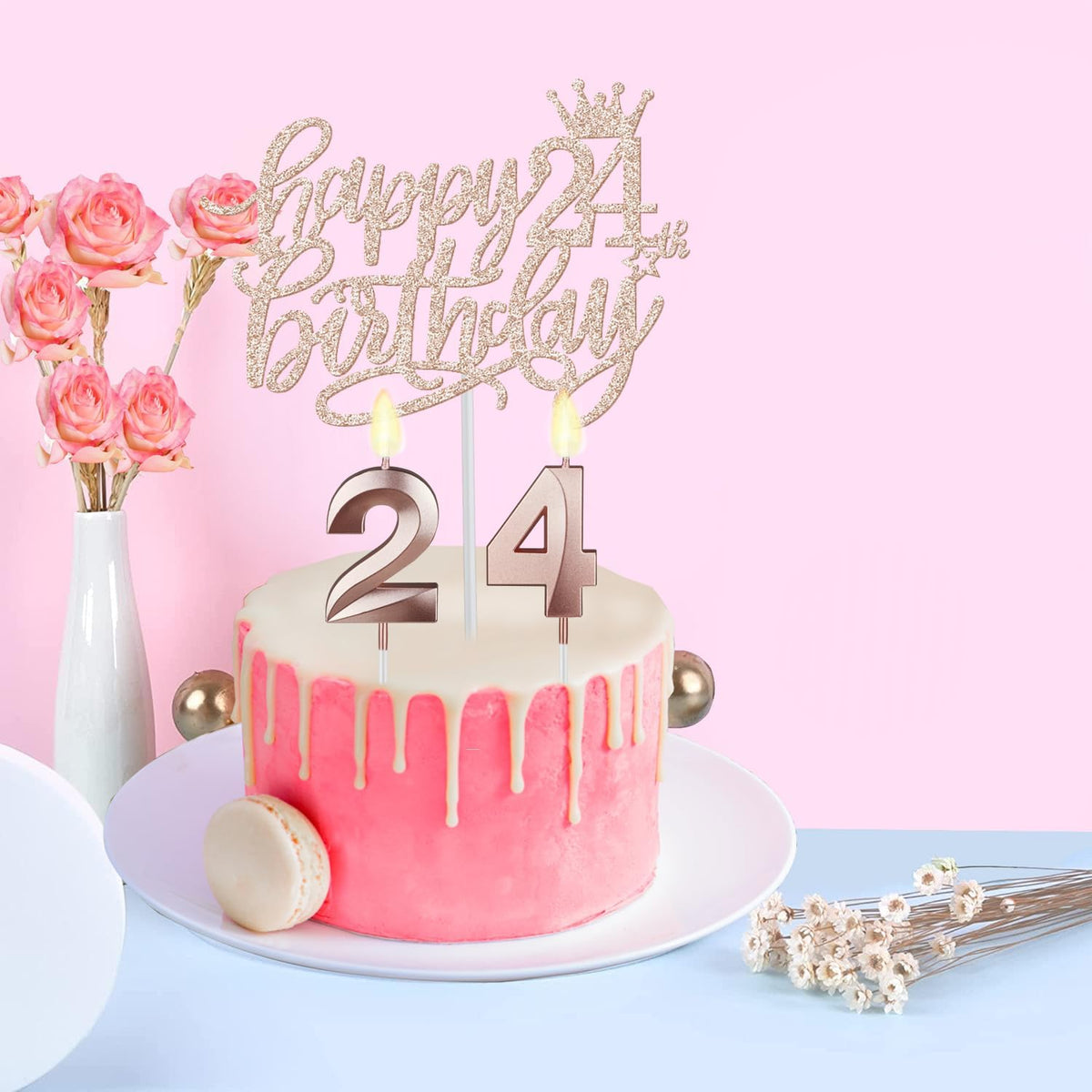 24th Birthday Decorations for Women Including Birthday Sash, Tiara/Crown, Numeral Candles and Cake