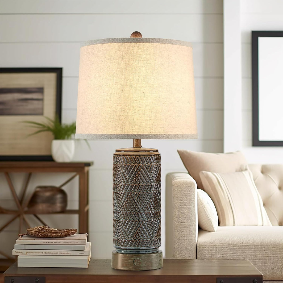 RORIA Set of 2 Farmhouse Table Lamps for Living Room Bedroom, 3 Way Dimmable Touch Nightstand Lamp