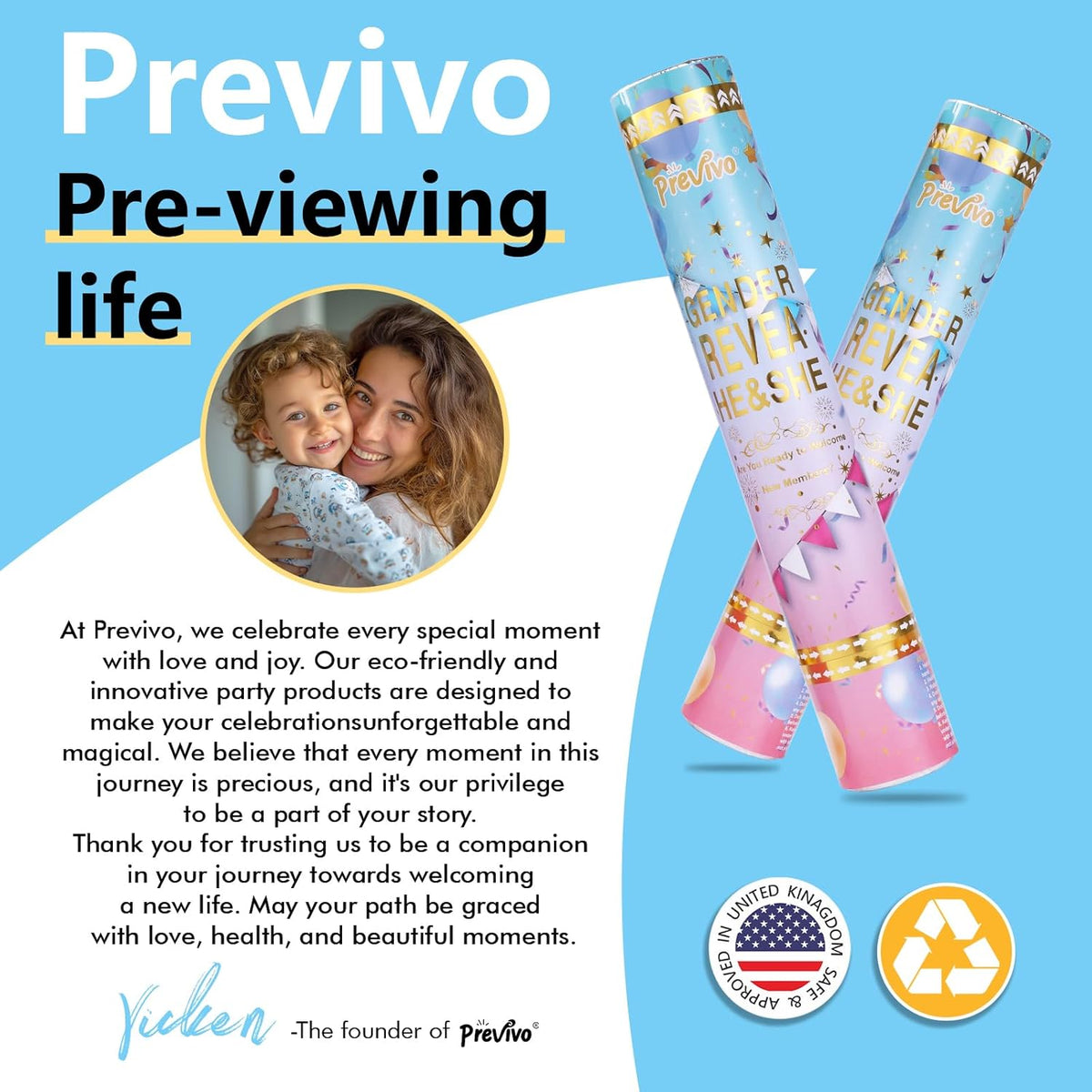 Previvo Gender Reveal Confetti Powder Cannon - 2 Pack Blue Baby Gender Reveal Poppers - 100%